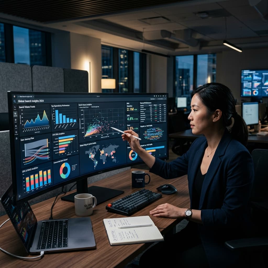 Person analyzing complex analytics dashboard with charts and KPI metrics