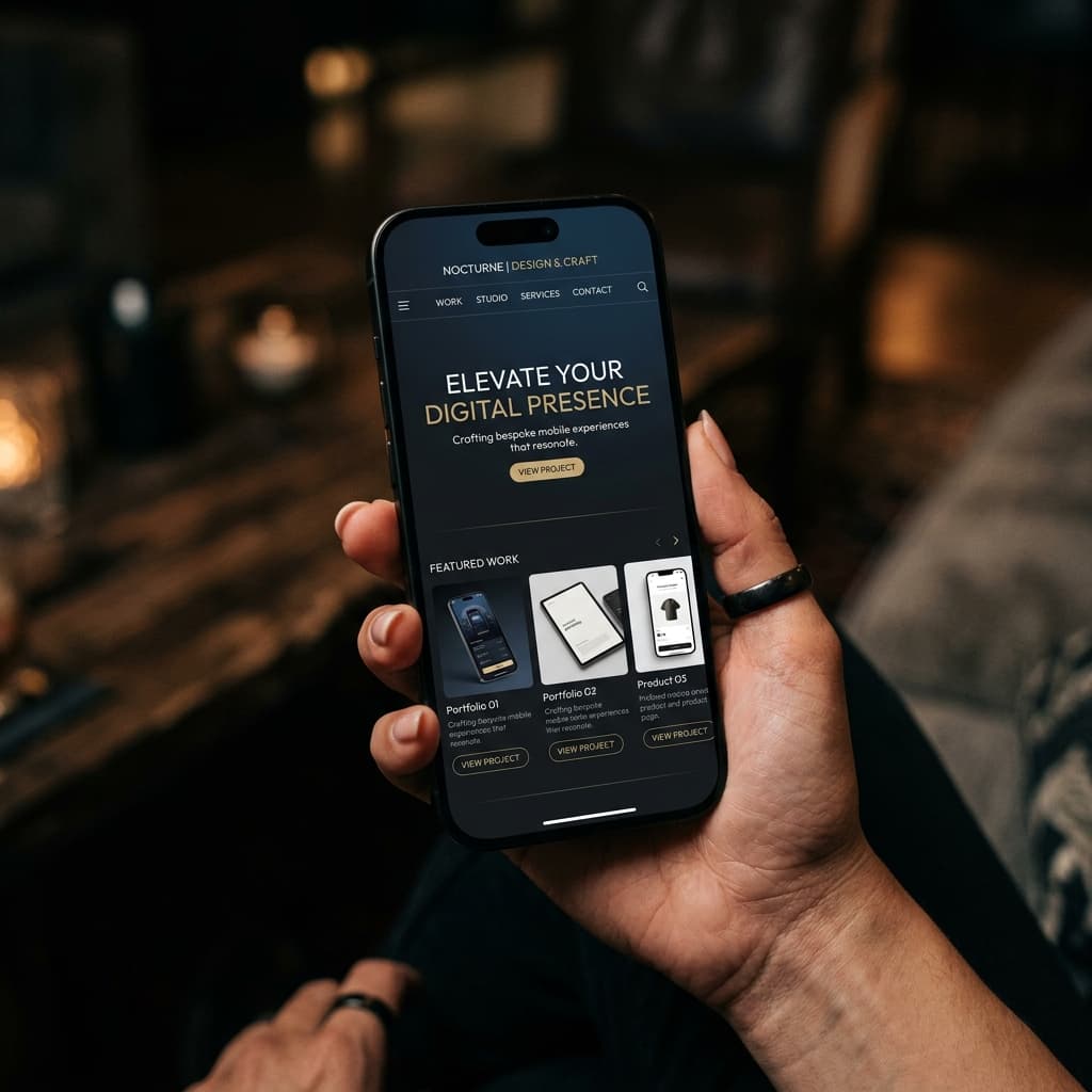 Hand holding a smartphone showing a responsive website design