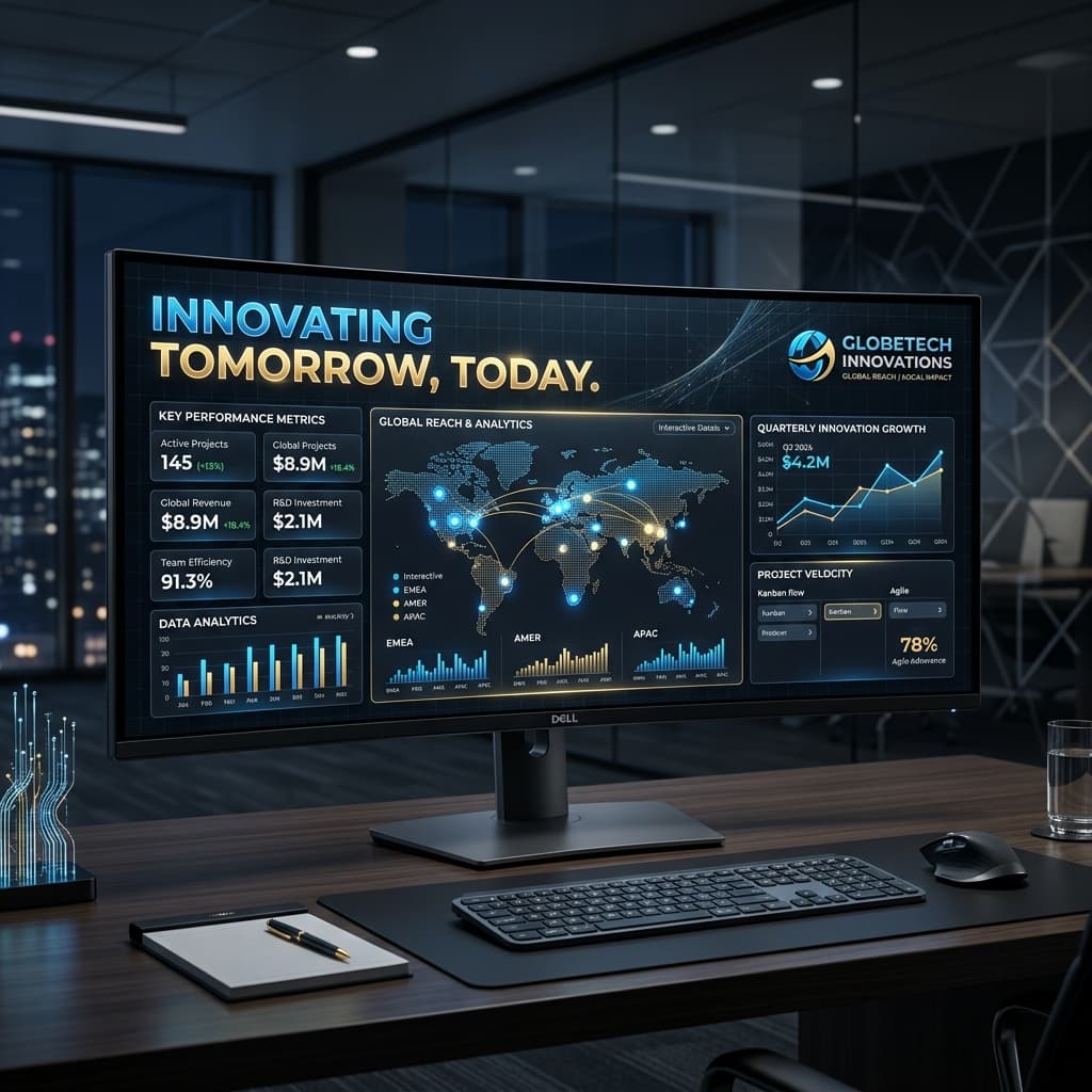 A professional dashboard showing INNOVATING TOMORROW, TODAY with analytics metrics