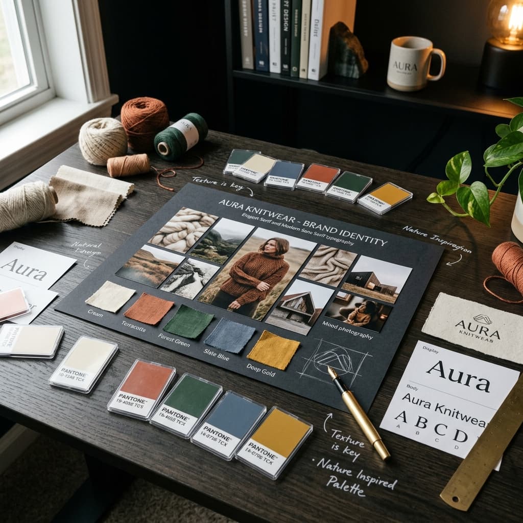 Brand identity mood board with color swatches, typography, and design elements