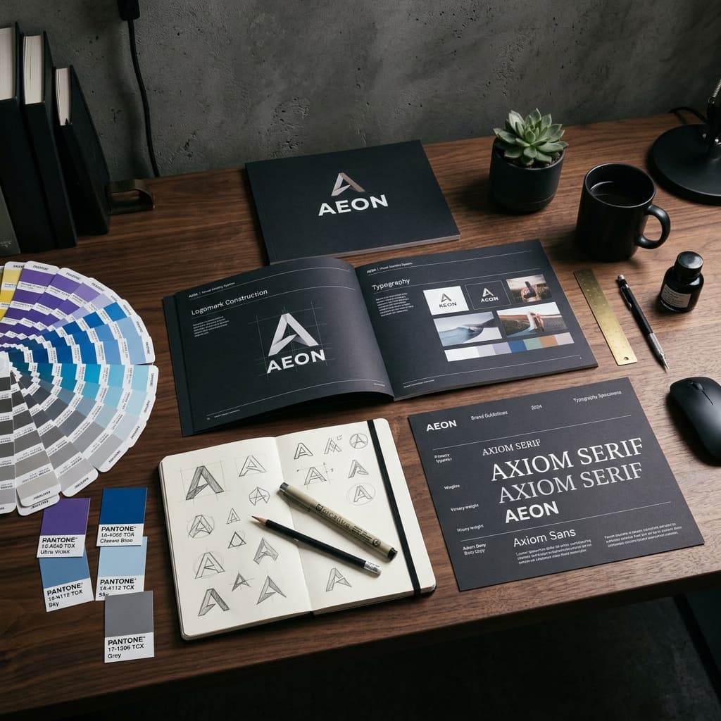 Designer's desk with Pantone chips, typography specimens, and logo design sketches